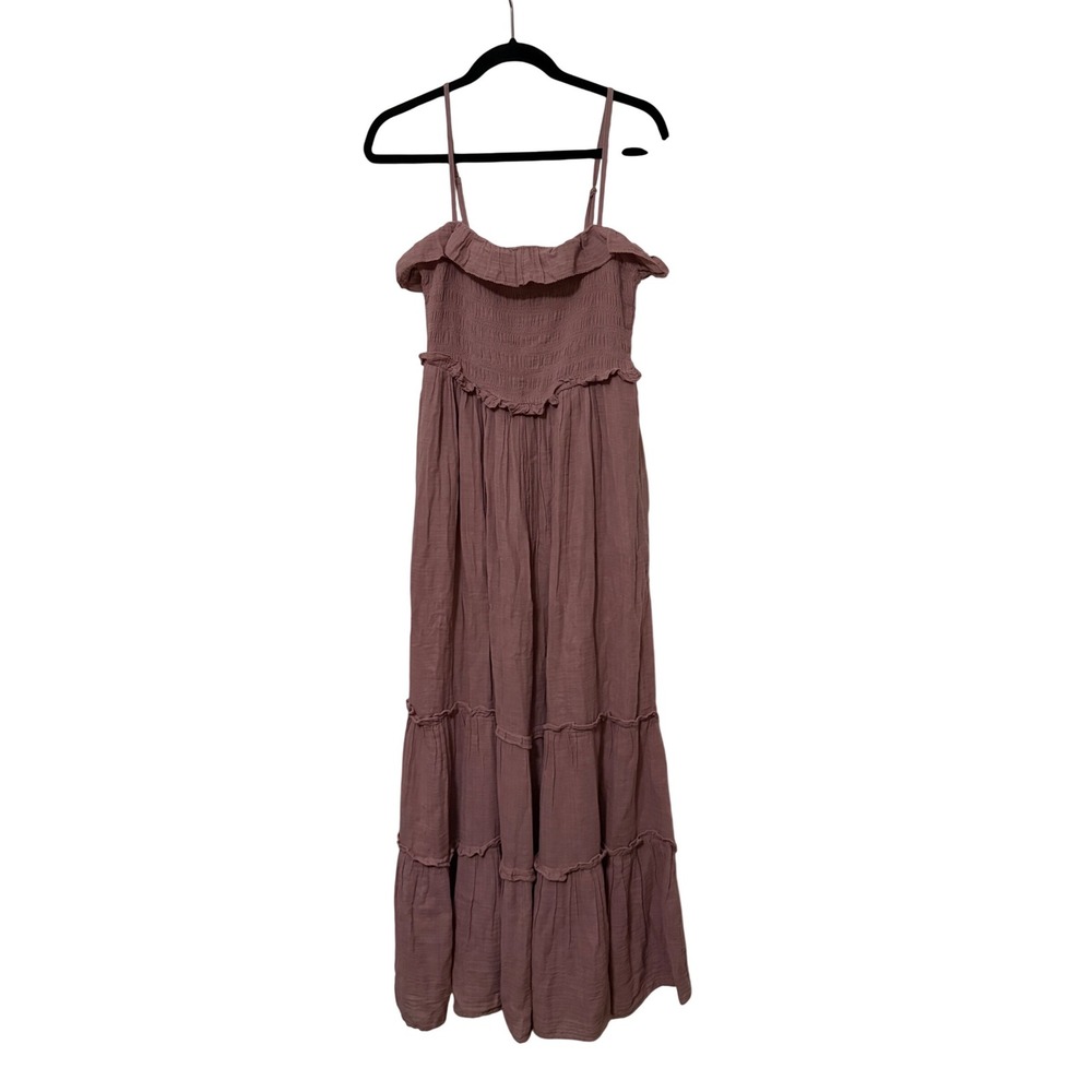 Zara Smocked Tiered Gauze Maxi Dress Mauve Rose Cotton Small - Picture 1 of 7